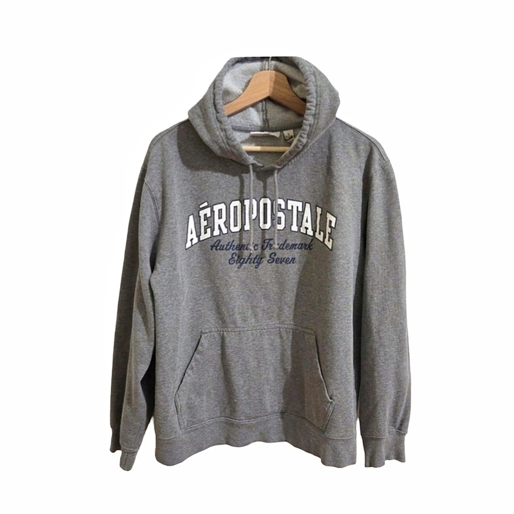 Aeropostale Gray & Navy Blue Logo College Letter Pullover Sweatshirt Hoodie Sz L
